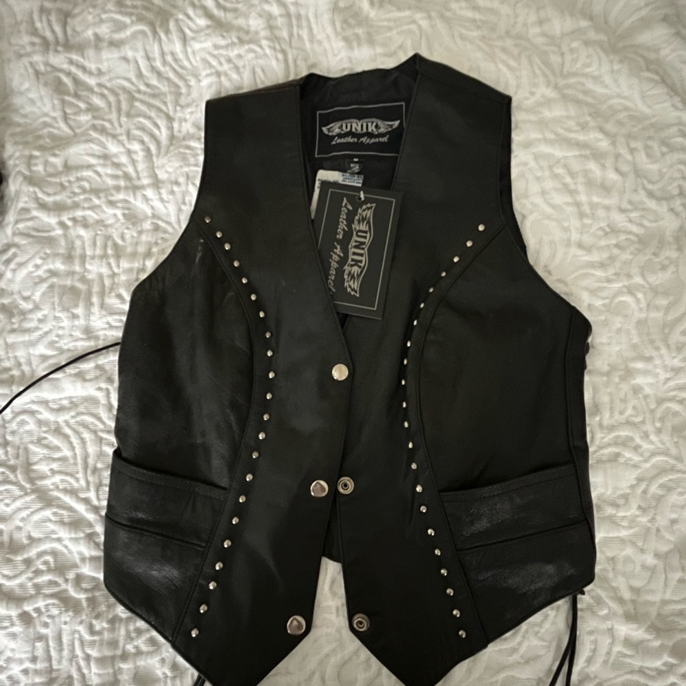 Women’s black leather vest. Size S. New with tags